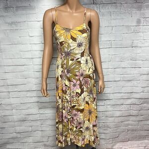 Angie Dress Womens Medium Floral Sleeveless Maxi Yellow Brown 70s Boho Smocked